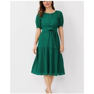 Ann Taylor Eyelet Short Puff Sleeve Flare Midi Dress Size 0 Fresh Evergreen NWT